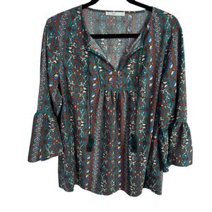 Hagel Women's Blouse Top Size 1X Green Print Tassel Tie Neck 3/4 Bell Sleeves